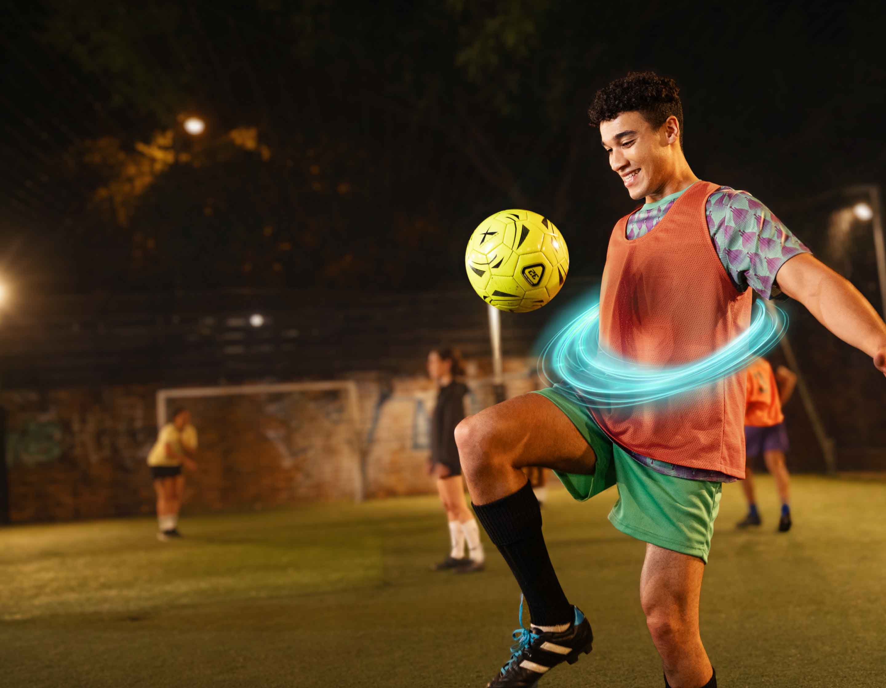 Image of a male ulcerative colitis (UC) TREMFYA® patient playing soccer with passion